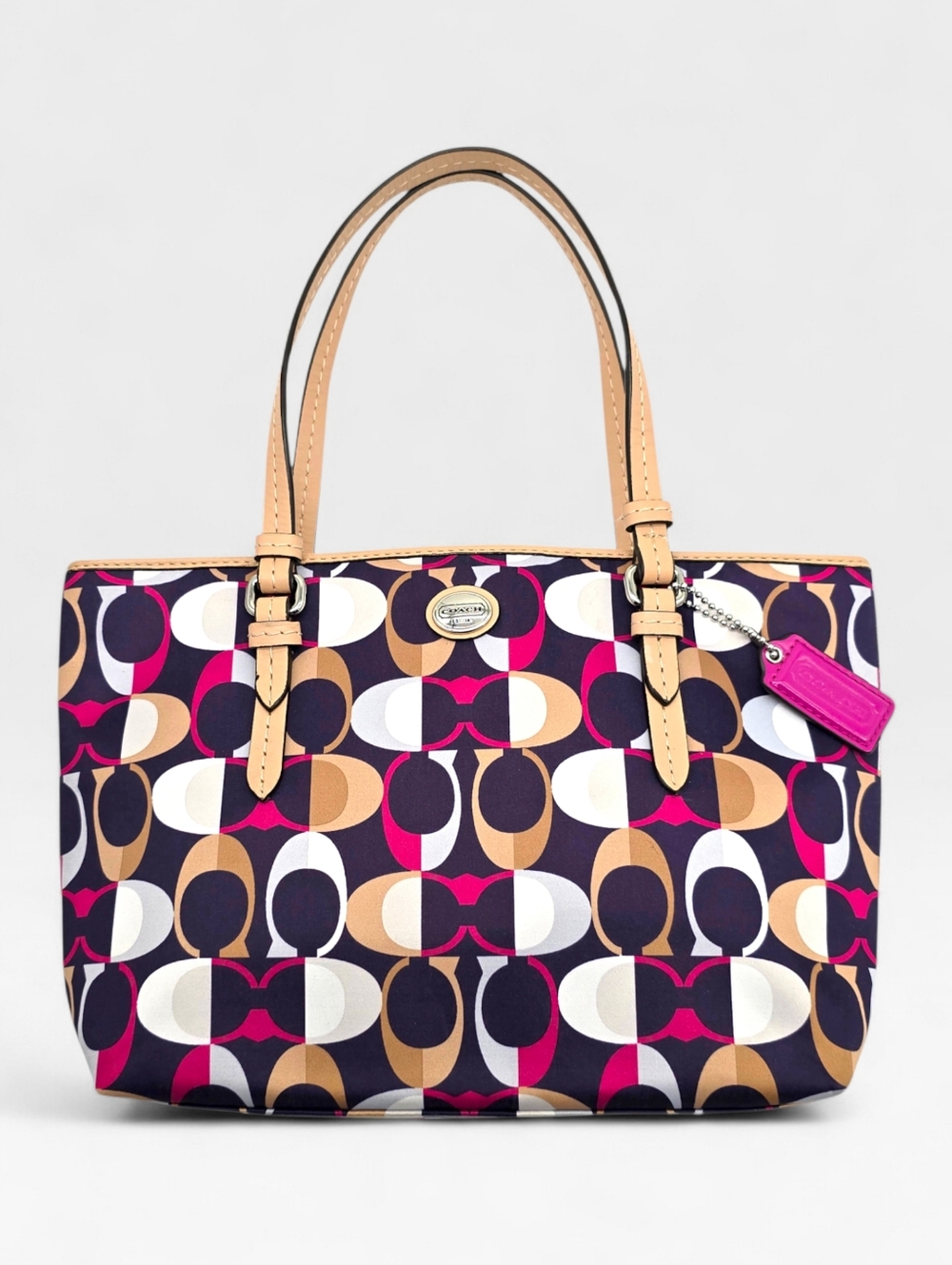 Coach Payton Multicolor Signature C Print Satin Leather Tote Bag Pink Lining EUC - Picture 16 of 17
